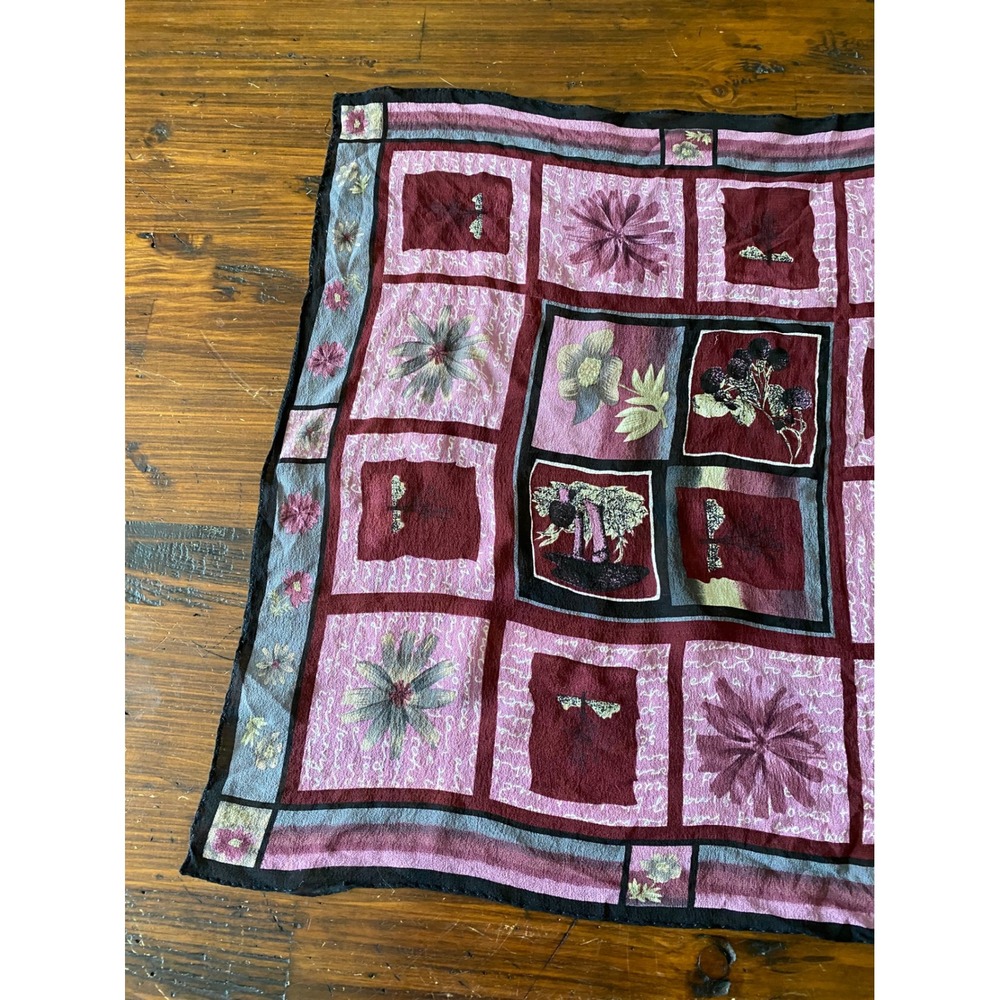 Vintage Floral Patchwork Square Scarf Burgundy Pink Botanical Print silk? - Picture 2 of 8